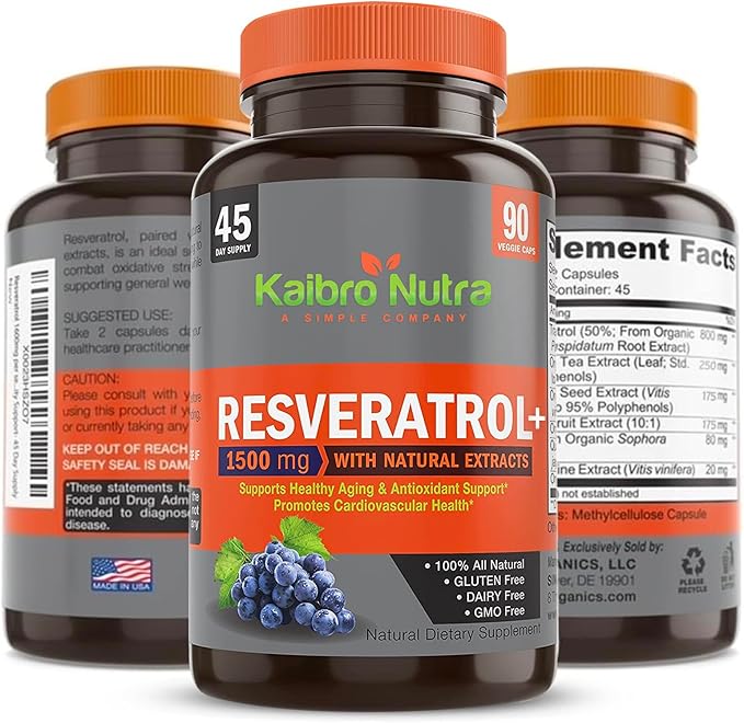 Kaibro Nutra Resveratrol 1500mg per Serving of Organic Trans-Resveratrol & Potent Antioxidants, Pure Extra Strength Complex, Anti-Aging, Radiant Skin and Immunity Support- 45 Day Supply