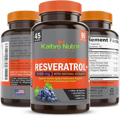 Kaibro Nutra Resveratrol 1500mg per Serving of Organic Trans-Resveratrol & Potent Antioxidants, Pure Extra Strength Complex, Anti-Aging, Radiant Skin and Immunity Support- 45 Day Supply