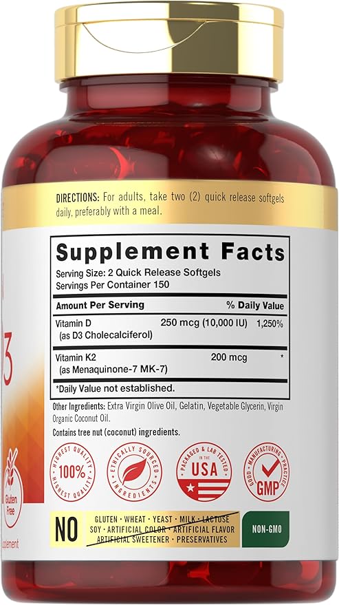 Carlyle Vitamin K2 and D3 Supplement | 300 Softgels | 200mcg K2 MK7 & 10,000 IU D3 | Non-GMO, Gluten Free