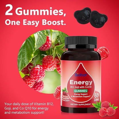 Natural Energy Gummies with Vitamin B12, Goji, Co Q10, Energy Support & Metabolism Support Chewable Supplement,GMO Free, Gluten Free (Raspberry, 60 Count