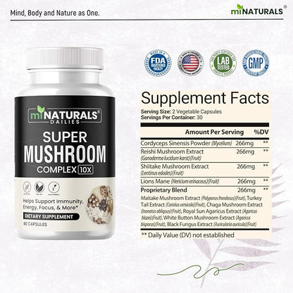 Mushroom Complex Capsule - Lion's Mane, Reishi, Cordyceps, Chaga, Turkey Tail, Maitake - Supplement Real Fruiting Body - 10 in 1