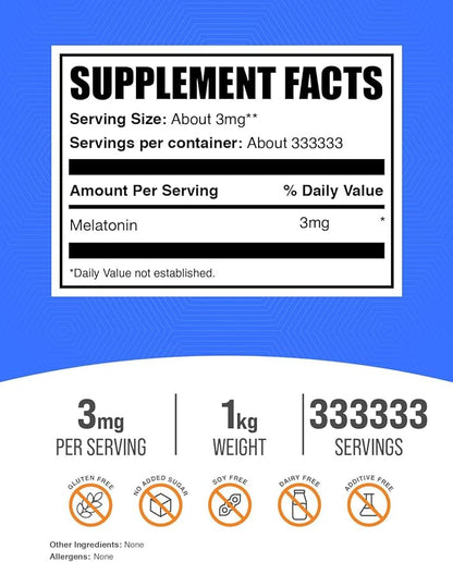 BulkSupplements.com Melatonin Powder - Sleep Supplement, Melatonin for Adults, Melatonin 3 mg - Vegan Melatonin, Pure & Gluten Free, 3mg per Serving, 1kg (2.2 lbs) (Pack of 1)