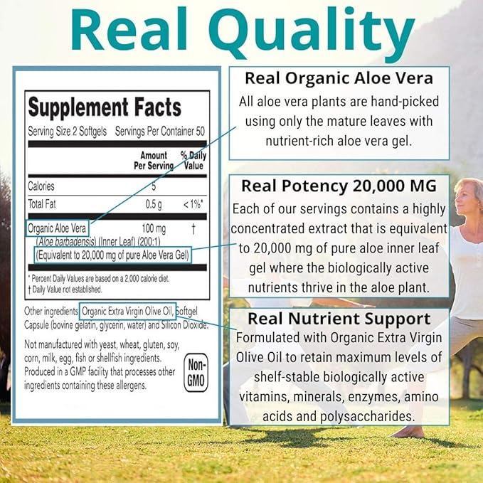 Aloe Vera Supplement (100 Softgels) 20,000mg Pure Gel Equivalency – Made with Organic Aloe Vera