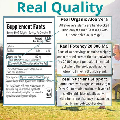 Aloe Vera Supplement (100 Softgels) 20,000mg Pure Gel Equivalency – Made with Organic Aloe Vera