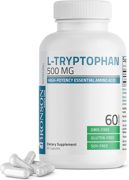 Bronson L-Tryptophan 500 MG High Potency Essential Amino Acid Supports Relaxation & Positive Mood Support Non-GMO, 60 Capsules