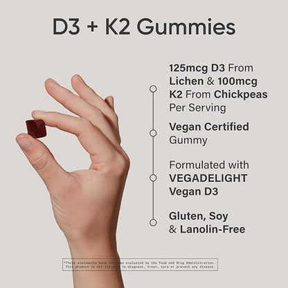 Sports Research® Vegan Vitamin D3 + K2 Gummies - 5000iu Vitamin D w/100mcg Mk7 Vitamin K for Bone & Immune Support - Vegan Certified · Non-GMO · Sugar Free - 60 Count Gummy