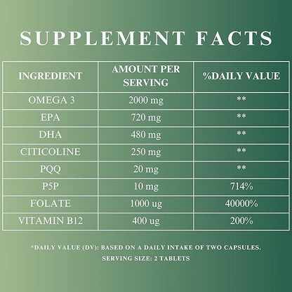 Omega-3 Focus 2000mg, Nootropic Formula with Citicoline, B12, PQQ, Folate, P5P | 60 Softgels - 30 Days Supply