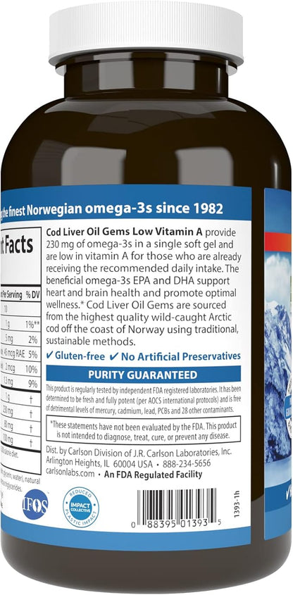 Carlson - Cod Liver Oil Gems, Low Vitamin A, 230 mg Omega-3s, Norwegian, Wild Caught, Sustainably Sourced, 300 Softgels