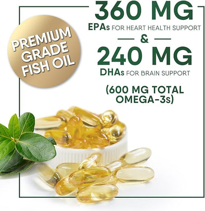 Triple Strength Omega 3 Fish Oil Supplement, EPA & DHA Fish Oil Omega 3 Essential Fatty Acids Supplement Softgels, 2400mg Brain & Heart Health Support Supplements - Gluten Free, Non-GMO, 120 Softgels