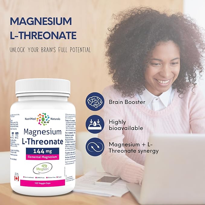Elemental Magnesium L-Threonate Supplement 144mg 125 Caps - Magtein Magnesium L-Threonate Capsules - Nutrimed Naturals - 3rd Party Tested