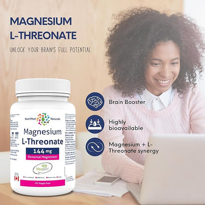 Elemental Magnesium L-Threonate Supplement 144mg 125 Caps - Magtein Magnesium L-Threonate Capsules - Nutrimed Naturals - 3rd Party Tested