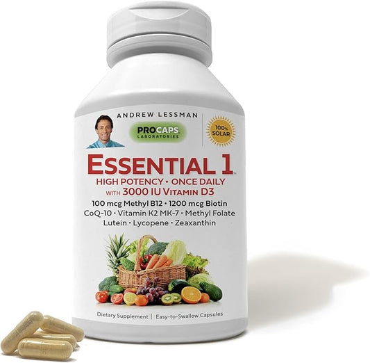 ANDREW LESSMAN Essential-1 Multivitamin 3000 IU Vitamin D3 60 Small Capsules - 100 mcg Methyl B12. CoQ10 Lutein Lycopene Zeaxanthin. High Potency. No Additives. Ultra-Mild. One Daily Capsule
