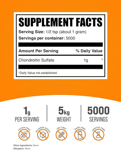 BulkSupplements.com Chondroitin Sulfate Powder - Chondroitin Sulfate Supplement, for Joint Support - Gluten Free, 1g per Serving, 1kg (Pack of 5) (11 lbs)