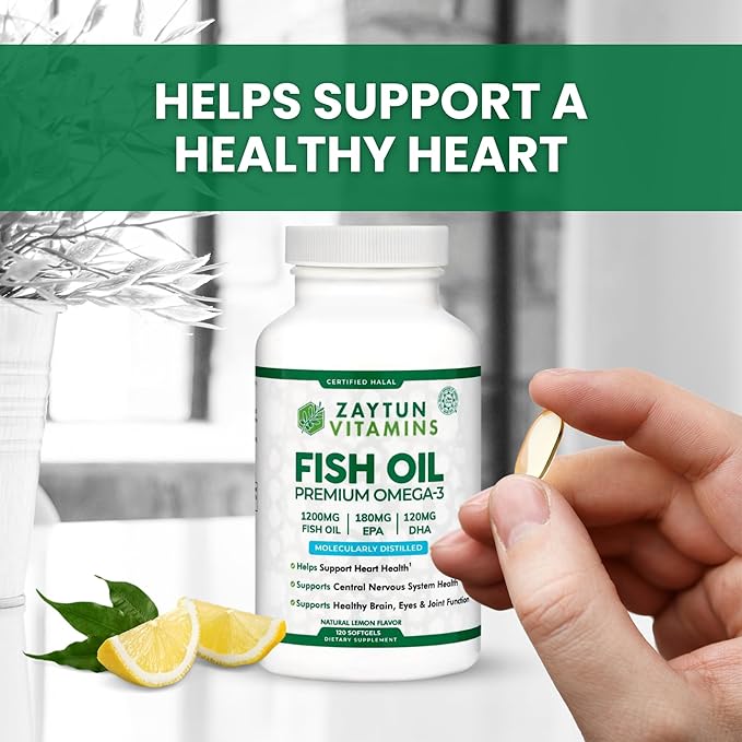 Zaytun Halal Fish Oil 1200mg Omega 3, Premium EPA/DHA, One Per Day, Supports Brain, Heart, Joint Health - 4 Months Supply, Lemon Flavor, Keto Friendly, Gluten Free - Halal Vitamins