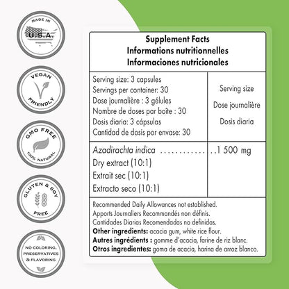 Supersmart - Neem Extract 1500mg per Day - Azadirachta Indica Leaf Oil Extract - Neem Supplement | Non-GMO & Gluten Free - 90 Vegetarian Capsules
