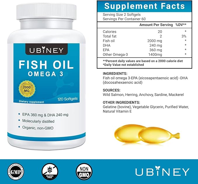 Omega 3 Fish Oil 2000mg Softgels, 120 Count - High Potency EPA 360mg + DHA 240mg, Burpless Fish Oil Supplement for Heart, Brain & Joint Health, Non-GMO, Molecularly Distilled, Vitamin E