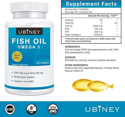 Omega 3 Fish Oil 2000mg Softgels, 120 Count - High Potency EPA 360mg + DHA 240mg, Burpless Fish Oil Supplement for Heart, Brain & Joint Health, Non-GMO, Molecularly Distilled, Vitamin E