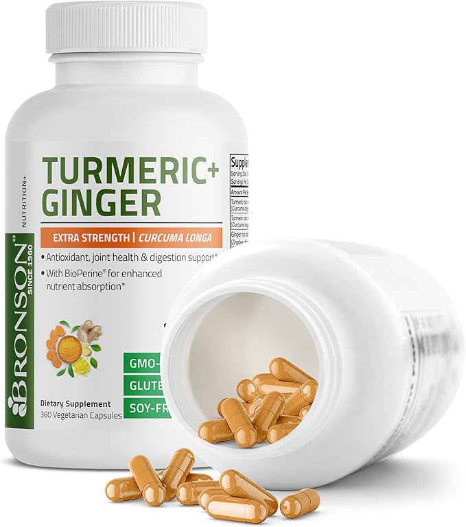 Bronson Turmeric + Ginger Extra Strength Joint Health & Digestion Support with BioPerine, Non-GMO, 360 Vegetarian Capsules