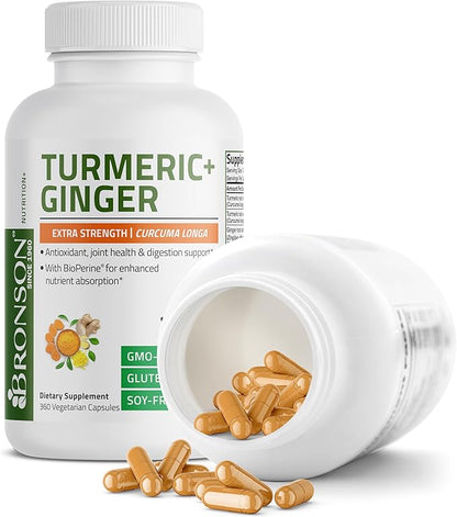 Bronson Turmeric + Ginger Extra Strength Joint Health & Digestion Support with BioPerine, Non-GMO, 360 Vegetarian Capsules