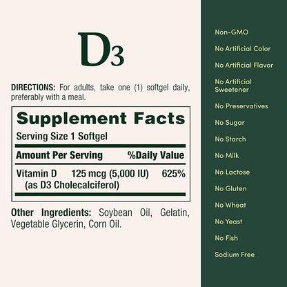 Nature's Bounty Vitamin D3 5000 IU Softgels, Rapid Release, Immune Support, Vitamin D Supplements, 240 Ct