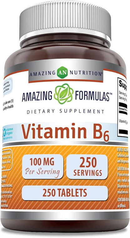 Amazing Formulas Vitamin B6 Pyridoxine 100mg 250 Tablets Supplement | Non-GMO | Gluten Free | Made in USA