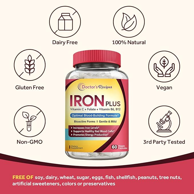 Doctor's Recipes Iron Supplement, Iron Bisglycinate with Vitamin C, B6, Folate & B12, Non-Constipating, Stomach Friendly, Gentle Iron Pills for Iron Deficiency, Blood & Energy Support, 60 Vegan Caps