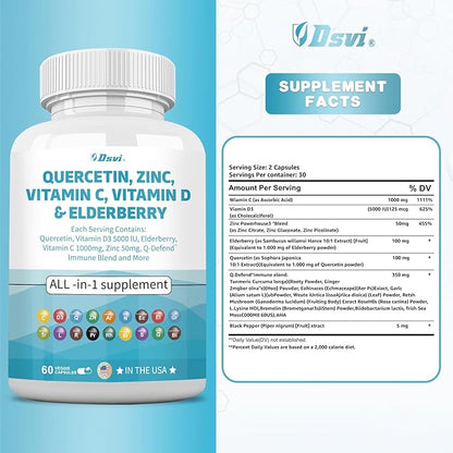 Quercetin 1000mg Zinc 50mg Vitamin C 1000mg Vitamin D 5000IU Immune System Support Supplement with Echinacea Ginger Bromelain Sea Moss Garlic Nettle Vegan Capsules for Men and Women,60 Count USA