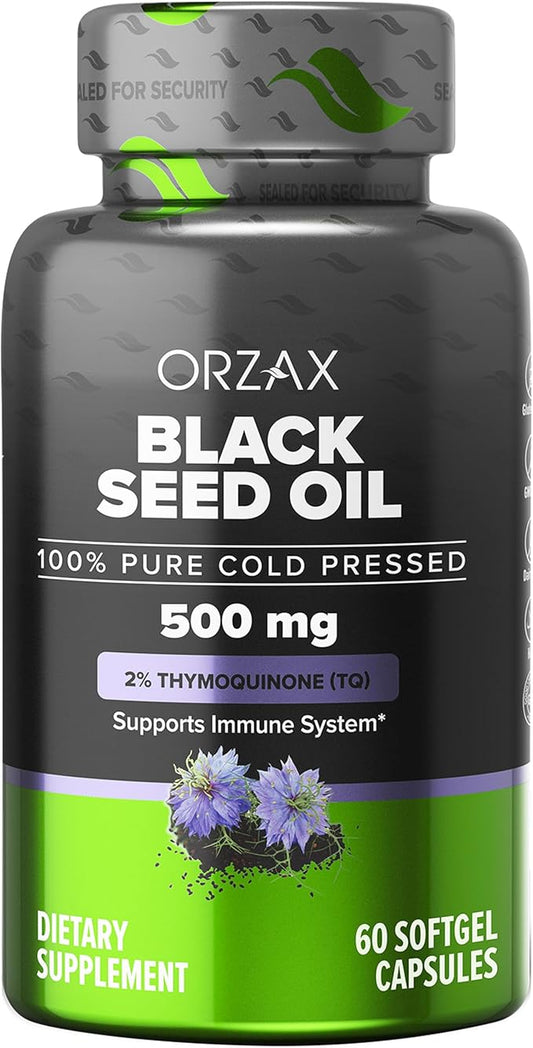 ORZAX Black Seed Oil Cold Pressed 100% Pure | Non-GMO - Rich in Omega 3 6 9 & Thymoquinone | Black Cumin Nigella Sativa Oil for Immune Support, Hair, Skin, Face (500 mg - 60 Softgel Capsules)