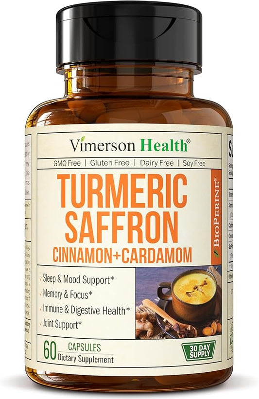 Saffron Supplements - Turmeric Curcumin Supplement with Black Pepper, Saffron Extract, Cardamom and Cinnamon Pills for Mood, Memory, Eye Health. Joint Supplements for Women & Men. 60 Tumeric Capsules