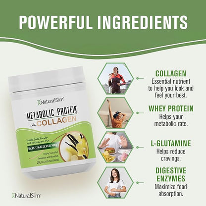 NaturalSlim Metabolic Protein Powder with Collagen Vanilla - Hydrolyzed Collagen Protein Powder for Hair, Skin, Bone, Joint, and Metabolism - Low Carb Meal Replacement Shake Mix - 17.6 oz