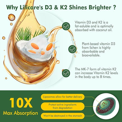Liposomal Vitamin D3 10000 IU w/Vitamin K2 (MK-7), Turmeric, MCT Oil, Magnesium & Zinc for Max Calcium Absorption, D3 and K2 Supplements for Bone, Moo-d & Immune, Vegan, 120Cts