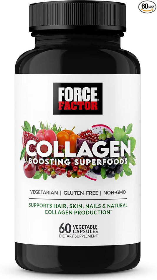 Force Factor Collagen Boosting Superfoods, Vegan Collagen Booster with Hyaluronic Acid, Biotin, Bamboo, Amino Acids & Vitamins for Hair, Skin, and Nails, Strengthener and Skin Supplement, 60 Capsules