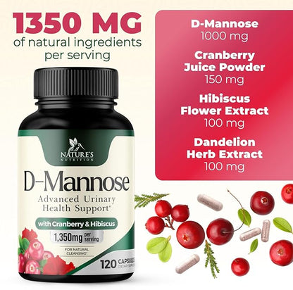 DMannose Pills with Cranberry 1350mg Advanced Formula - Effective Natural Bladder, Urinary Tract Health Support, Flush Impurities - D Mannose Supplements for Women & Men, Non-GMO, Vegan - 120 Capsules