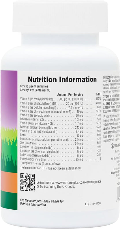 Natures Plus Animal Parade Multivitamin Children's Gummies - 90 Count - Assorted Cherry, Grape & Orange Flavors - Supports Immune System - Vegetarian, Gluten Free - 30 Servings