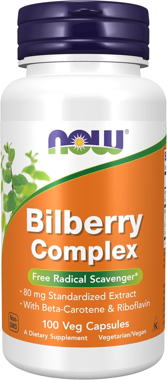 NOW Foods Supplements, Bilberry (Vaccinium myrtillus)Complex 80 mg with Beta-Carotene & Riboflavin, 100 Veg Capsules