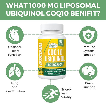 1000mg Liposomal CoQ10 Softgels | Better Absorption CoQ10 Ubiquinol Supplement | Heart Function & Energy Production | Active Antioxidant Form of Vegan Coenzyme Q10 | Non-GMO | 120 Softgels