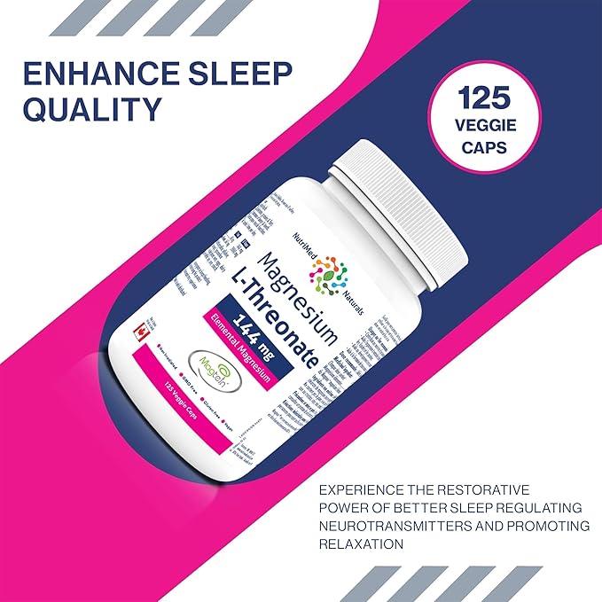 Elemental Magnesium L-Threonate Supplement 144mg 125 Caps - Magtein Magnesium L-Threonate Capsules - Nutrimed Naturals - 3rd Party Tested