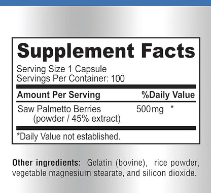 Extra Strength Saw Palmetto - 45% Extract Prostate Supplement, Decrease Frequent Urination, DHT Blocker for Hair Growth, Non-GMO, 100 Capsules