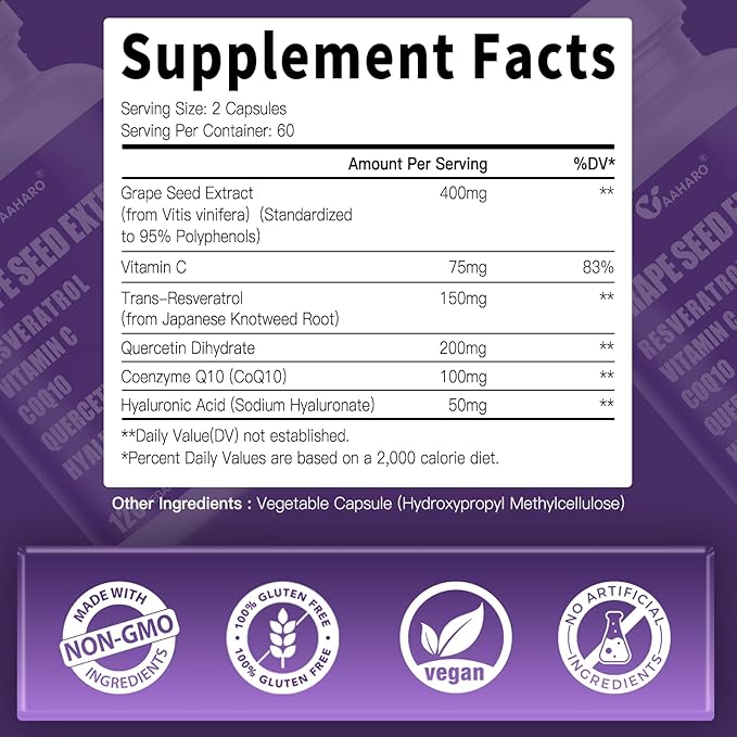 Grape Seed Extract Capsules - 400mg Grape Seed Extract Organic Supplements with Vitamin C, Resveratrol, Quercetin, CoQ10 & Hyaluronic Acid for Women & Men - 120 Capsules, 60 Days Supply