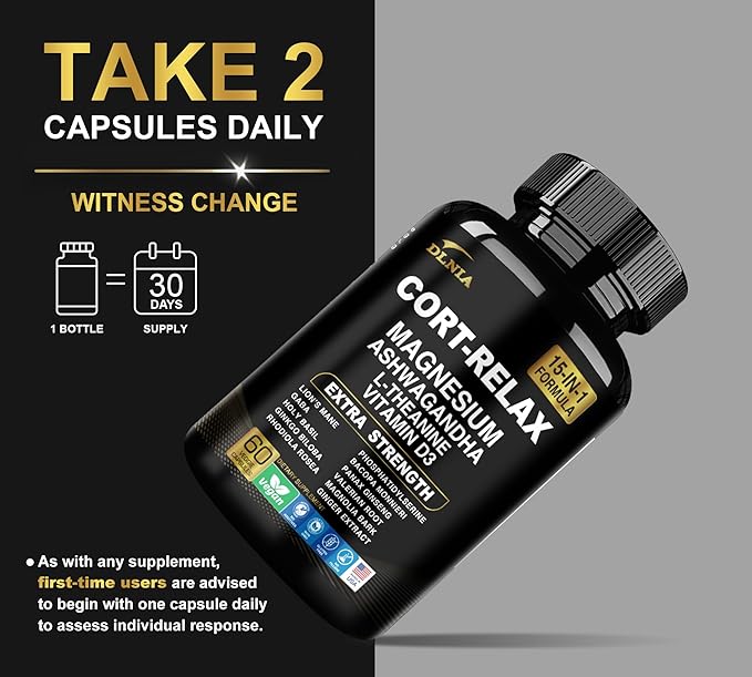 Super Calm Cortisol Supplement with Magnesium Glycinate, Ashwagandha, L-Theanine, Phosphatidylserine, Ginkgo Biloba & Lions Mane for Calm, Focus, Mental Clarity, Relaxation, Sleep, Energy