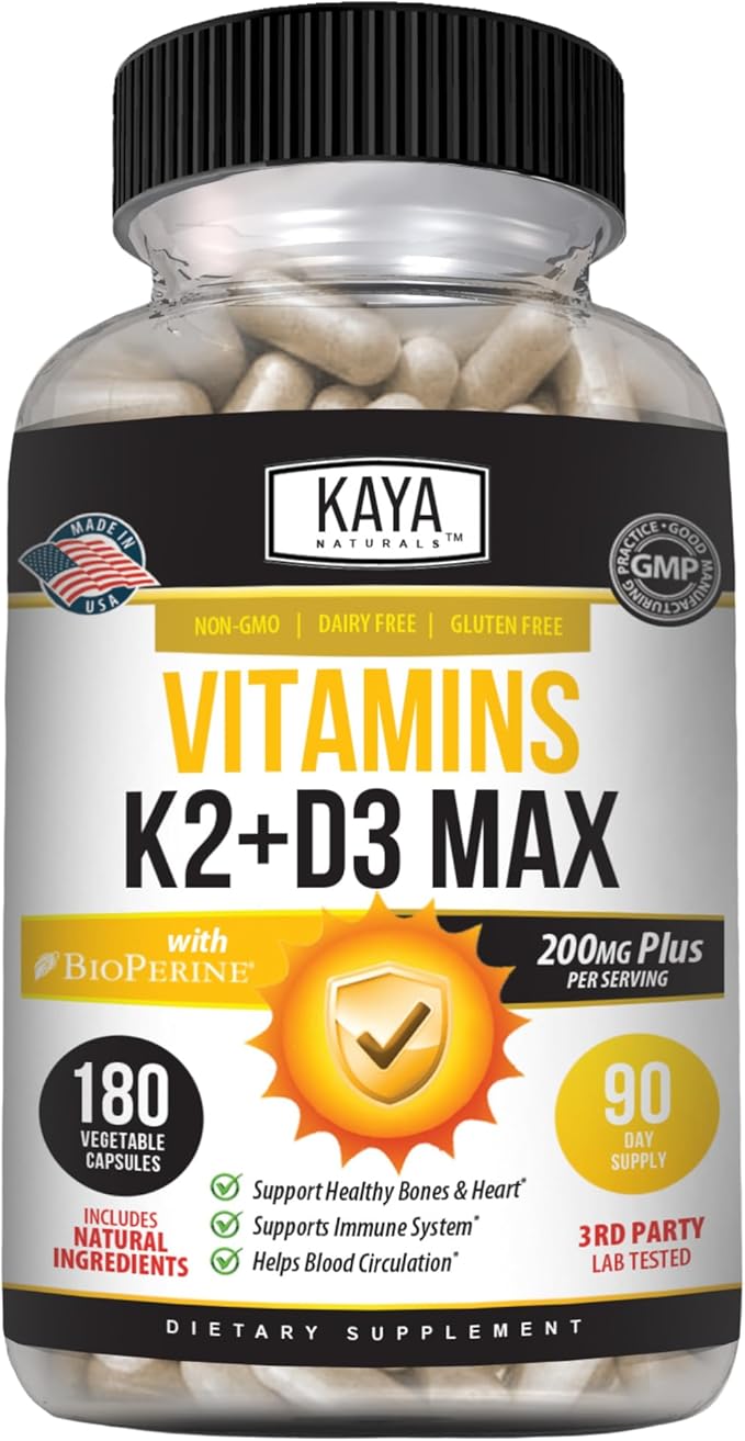 Kaya Naturals Vitamins K2 with D3 5000IU Supplement for Men and Women - Easy to Swallow - Bioperine Capsules (180 Count (Pack of 1)