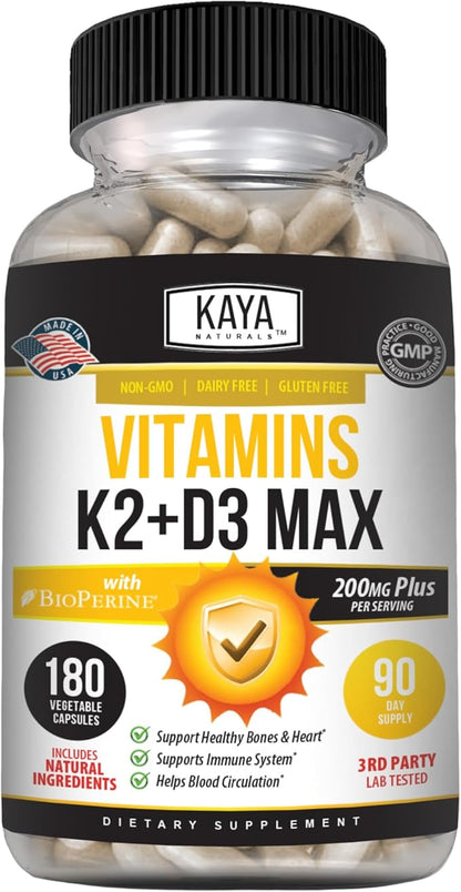Kaya Naturals Vitamins K2 with D3 5000IU Supplement for Men and Women - Easy to Swallow - Bioperine Capsules (180 Count (Pack of 1)