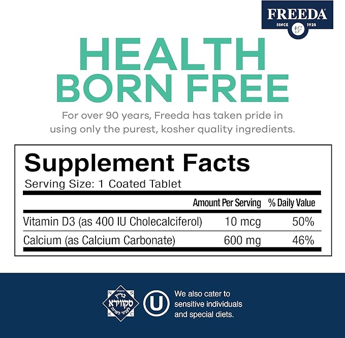 FREEDA Calcium 600 mg with Vitamin D3 400 IU – Essential Bone Support Supplement – Kosher, Gluten-Free, Easy-to-Swallow Coated Tablets for Women & Men (100 Ct)