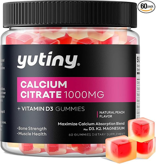 Calcium Citrate Filled Gummies, Extra Absorption Calcium Citrate 1000mg with Vitamin D3, K2 & Magnesium, Chewable Supplement for Bone, Muscle Health, 60 Count