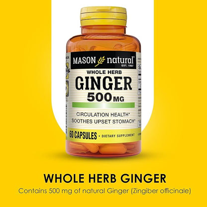MASON NATURAL Whole Herb Ginger 500 mg, 2 Month Supply, Natural Herbal Supplement, 60 Capsules
