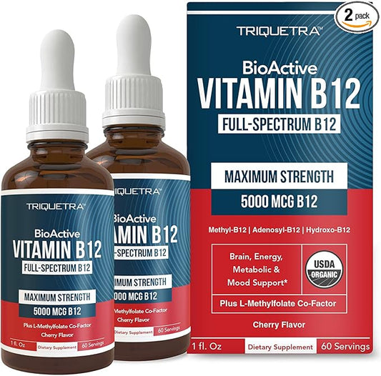 Organic Vitamin B12 - 5000 mcg, 3 BioActive B12 Forms: Methyl B12, Adenosyl B12 & Hydroxy B12 - Plus L-Methylfolate Cofactor | Sublingual Form, Cherry Flavor, Vegan, Non-GMO (120 Servings - 2 Pack)