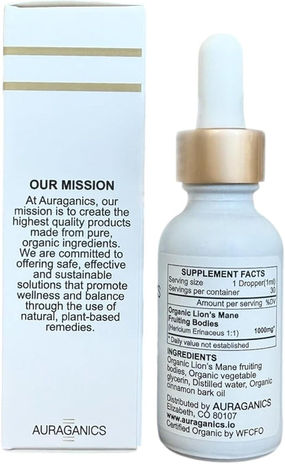 Organic Triple Extracted Lion's Mane Mushroom Fruiting Body Tincture | USA Grown and Certified Organic | Use for Focus, Memory and Mental Clarity | 1 Month Supply | Cinnamon Flavor