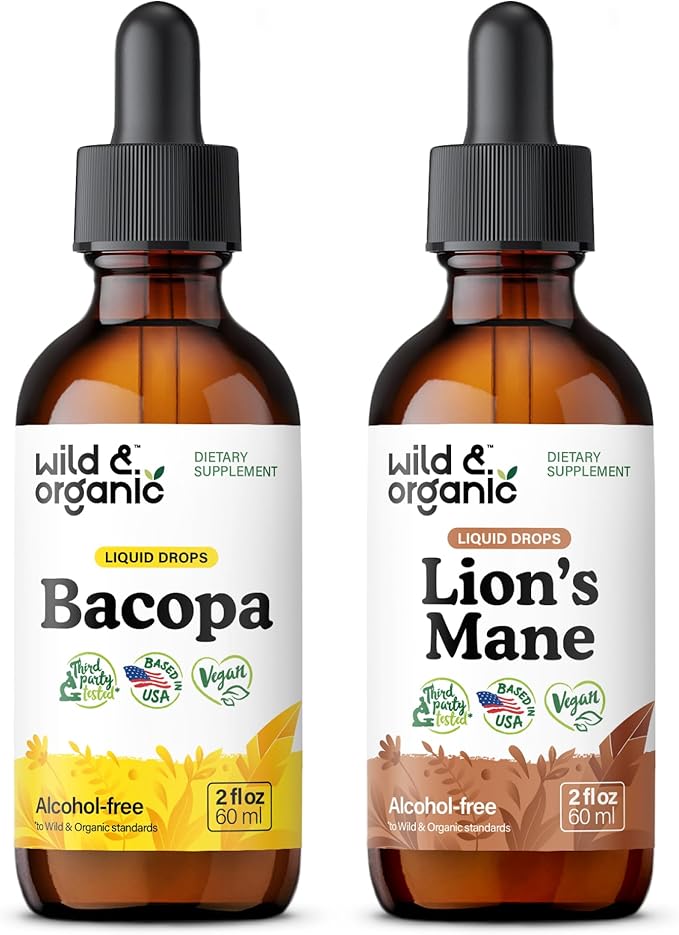 Wild & Organic Bacopa Tincture 2 fl oz & Lion's Mane Mushroom Tincture 2 fl oz
