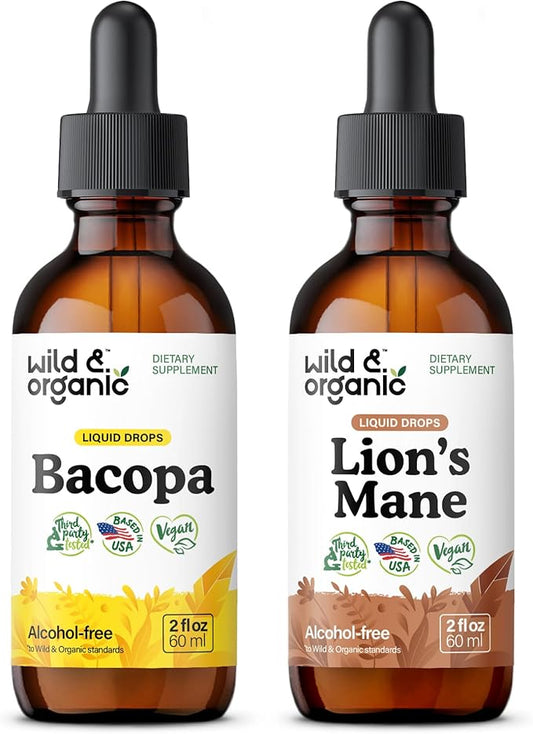 Wild & Organic Bacopa Tincture 2 fl oz & Lion's Mane Mushroom Tincture 2 fl oz