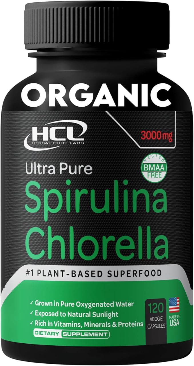 Chlorella Spirulina Powder Capsules Organic 3000 mg of BMAA Free Purest Blue Green Algae - Best Natural Detox Raw Vegan Vitamins Protein Green Superfood - Made in USA